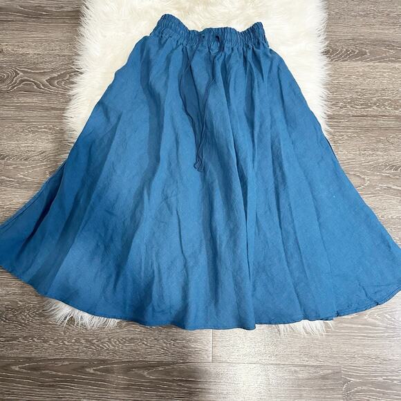 Len Ok Womens 100% Linen Midi Skirt Blue Beachy Size Small Pockets Stretch Waist - Picture 1 of 4